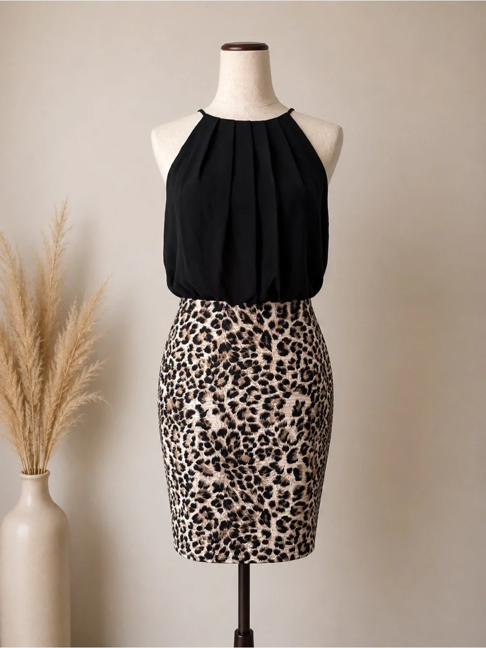 Trac Black Halter Top with Leopard Print Skirt Dress